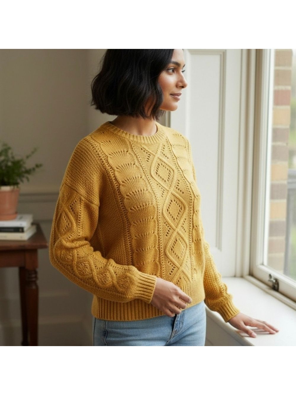 💛 Harper Heritage Mustard Cable Knit Sweater Size L